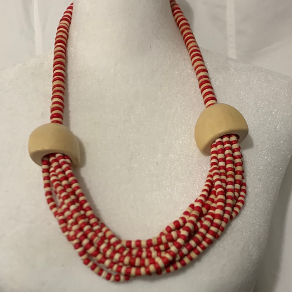 Vintage1960s Red and Cream Beaded Multi-Strand Necklace